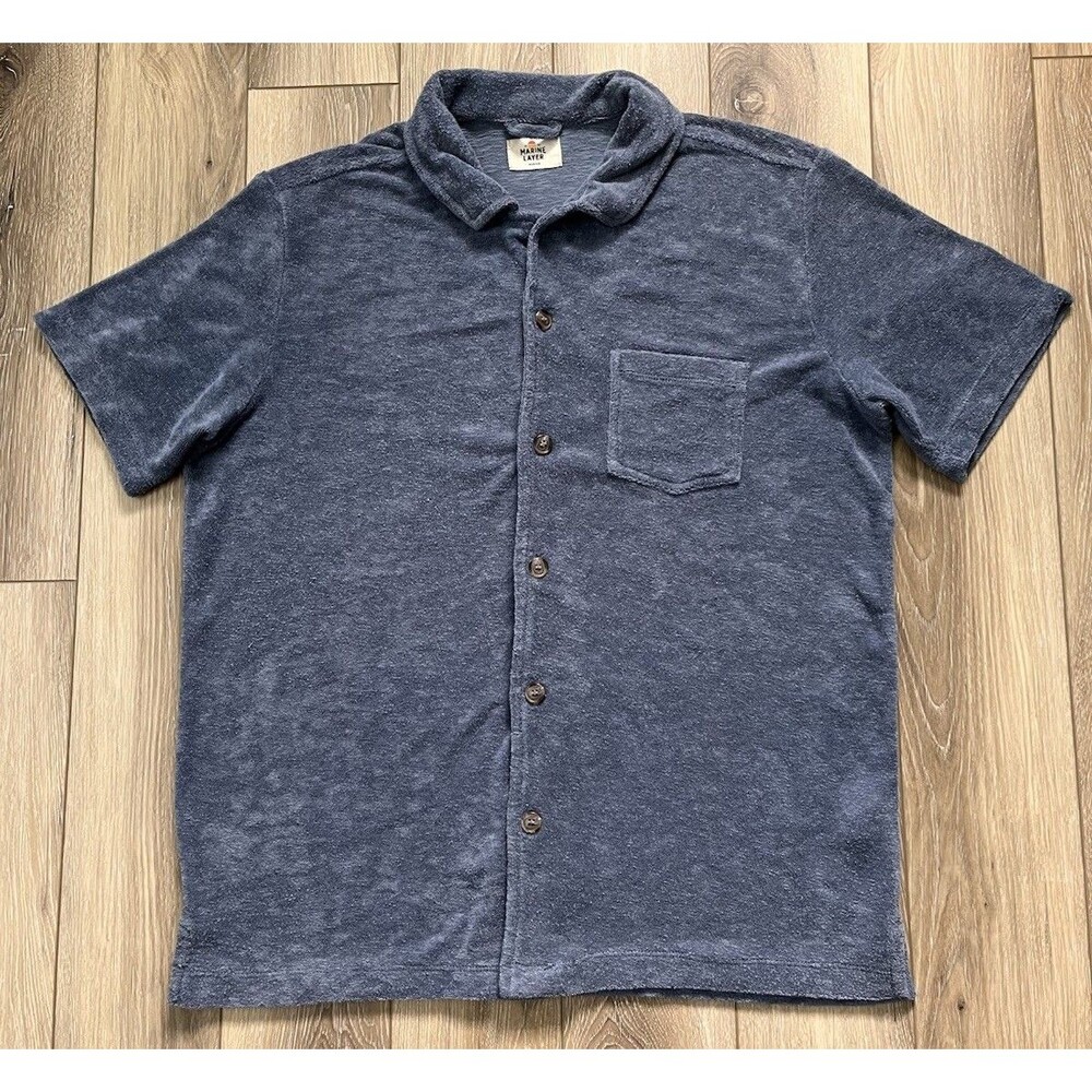 Marine Layer Towel Terry Resort Shirt Mens Sz M Indigo Blue Cabana Vacation - Picture 2 of 10